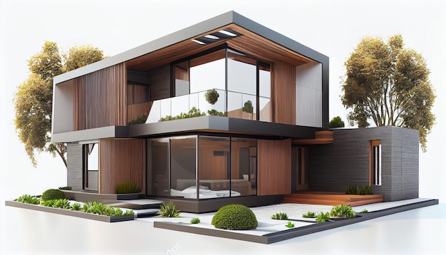 Barrio residencial moderno con techo verde y balcón generado por IA