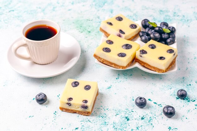 Barritas de tarta de queso de arándanos con miel y frutos rojos frescos.