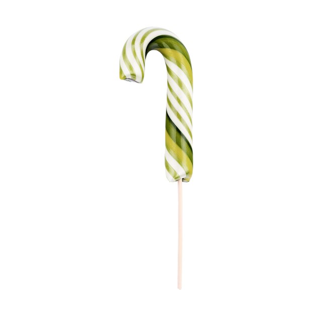 Bastón de caramelo rayado en un palo en colores navideños aislado.