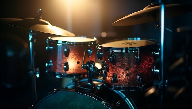 Baterista tocando metal en un escenario iluminado con IA generativa