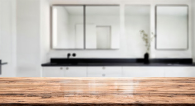 Bathroom interior with a wooden table for product placement