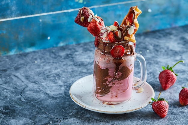 Batido de fresa con gofres y chocolate en la placa blanca en la superficie de mármol