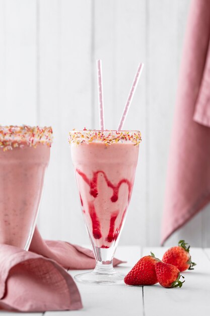 Batido de fresa en la mesa