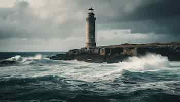 Foto gratuita beacon guía a los barcos a través de una fuerte tormenta de huracanes generada por ia