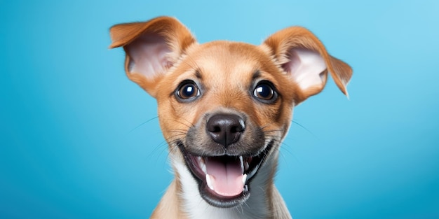 Foto gratuita un beagle feliz con orejas caídas sobre un fondo azul