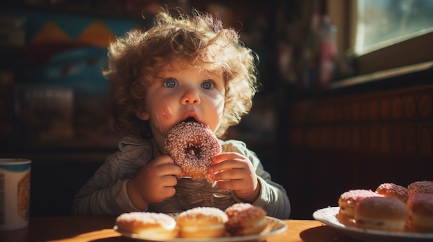 Foto gratuita bebé con deliciosas donas generadas por ai.