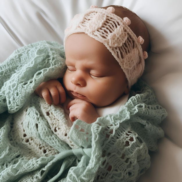 Foto gratuita un bebé recién nacido lindo durmiendo con un sombrero y una bufanda de punto