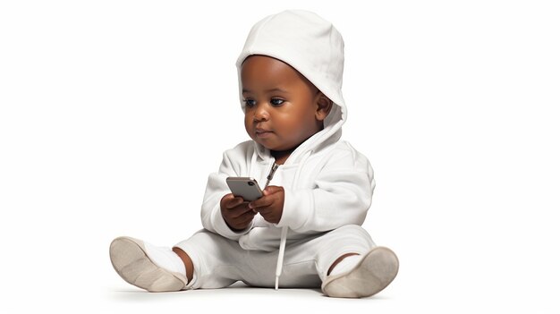 Bebé de tiro completo usando un teléfono inteligente