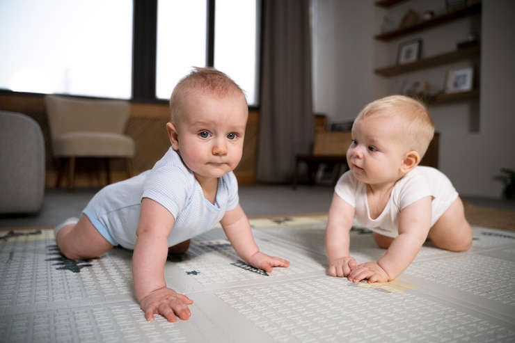 Foto gratuito bebés gateando y aprendiendo a caminar juntos
