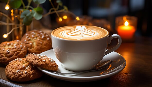 Bebida caliente en mesa de madera café capuchino latte chocolate generado por inteligencia artificial