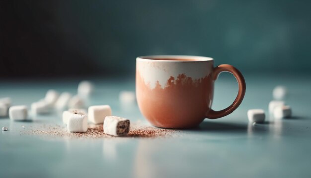 Bebida caliente en una taza de café sobre una mesa de madera generada por IA