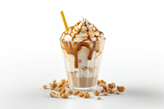 Bebida frappe con caramelo y nueces aisladas sobre fondo blanco AI generativo