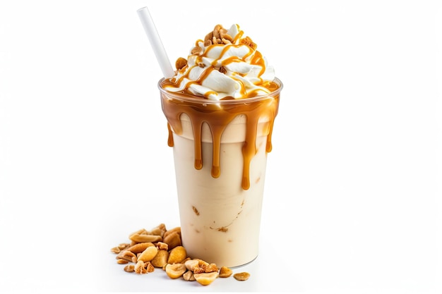 Bebida frappe con caramelo y nueces aisladas sobre fondo blanco AI generativo