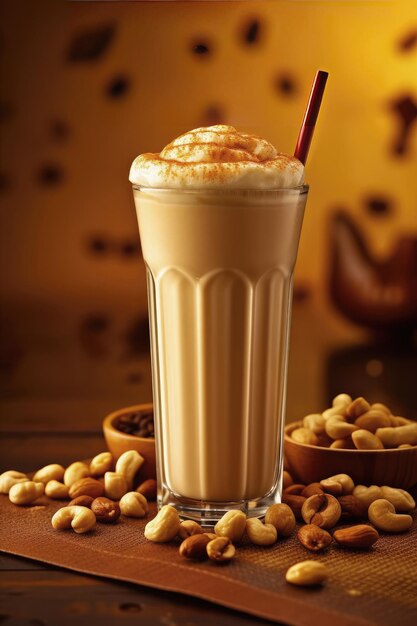 Bebida frappe con caramelo y nueces sobre fondo dorado AI generativo