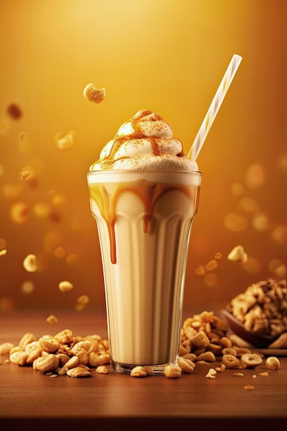 Bebida frappe con caramelo y nueces sobre fondo dorado AI generativo