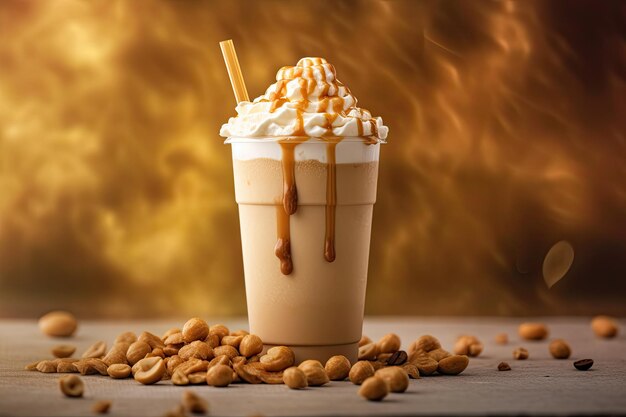 Bebida frappe con caramelo y nueces sobre fondo dorado AI generativo