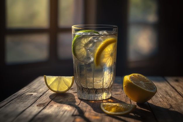 Bebida de limonada con limón y hielo en un vaso sobre mesa de madera rústica Ai generativo