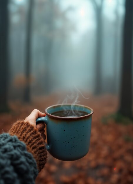 Bebida de otoño acogedora en la mano