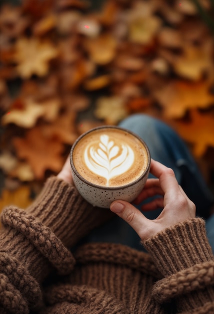 Bebida de otoño acogedora en la mano