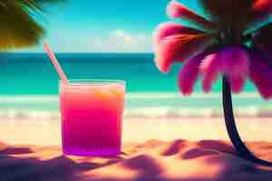 Foto gratuita una bebida rosa en la playa con una pluma en el fondo.