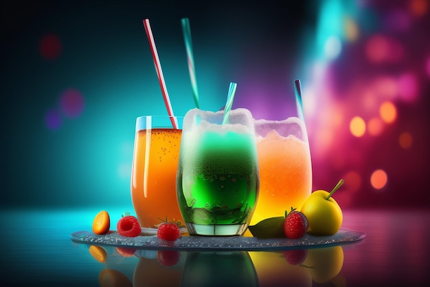 Foto gratuita bebidas coloridas en un bar con luces de colores