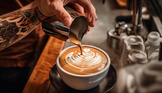 Bebidas espumosas brotan de la maquinaria en una cafetería generada por IA