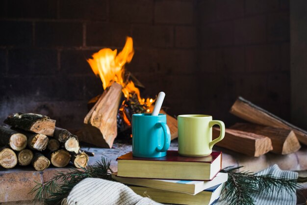 Bebidas y libros junto a la chimenea de fuego.