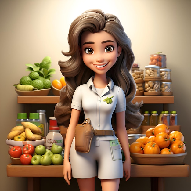 Foto gratuita bella chica con frutas y verduras en el supermercado renderización 3d