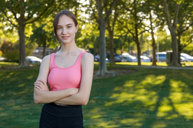 Bella dama de pie en el parque y mirando a la cámara