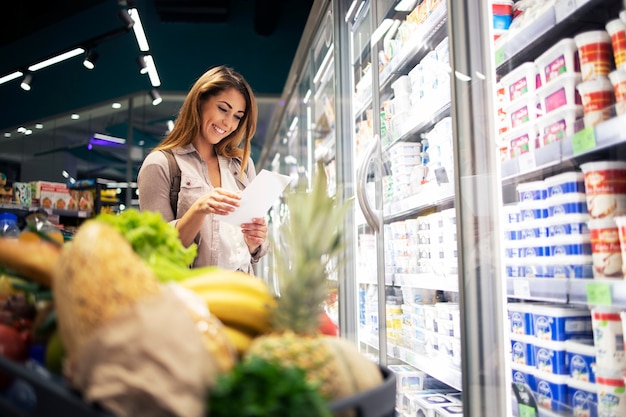 Bella mujer con lista de compras comprando alimentos en el supermercado