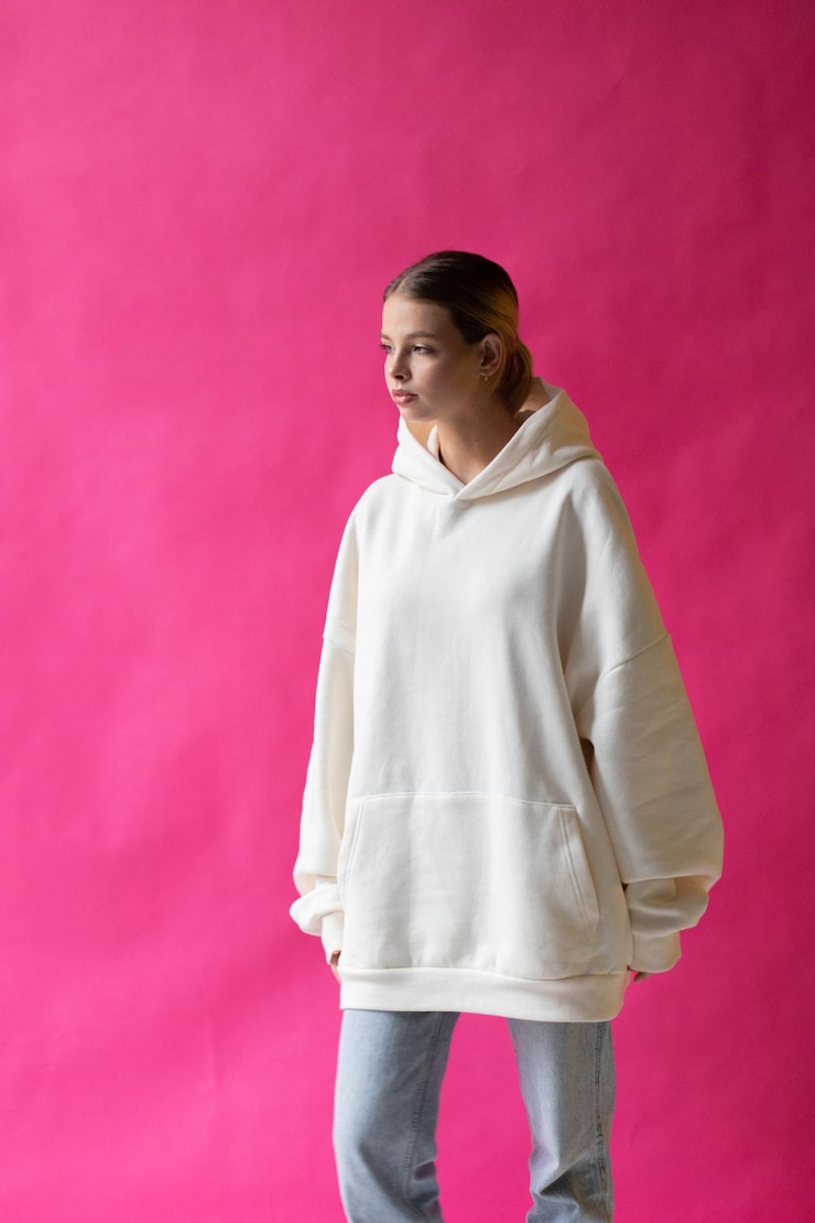 Foto gratuito bella mujer rubia con una sudadera blanca y vaqueros azules posando sobre un fondo rosa