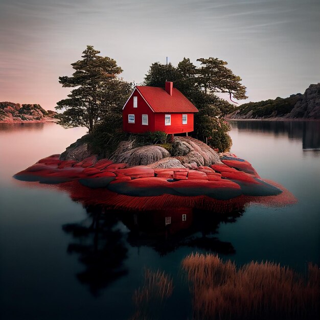 Belleza casa roja en el lago naturaleza escena generativa AI