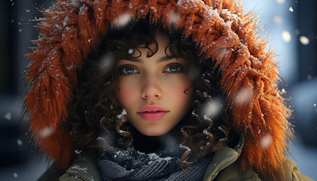 Belleza invernal mujer caucásica modelo sonriendo mirando a la cámara generada por inteligencia artificial