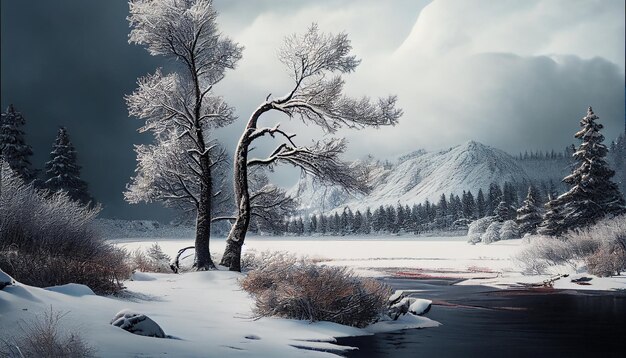 Belleza invernal reflejada en un tranquilo paisaje cubierto de nieve IA generativa