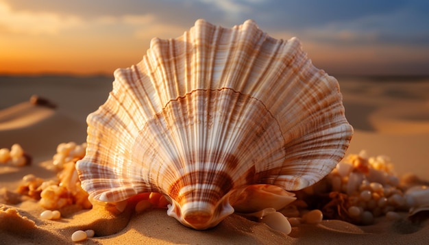 Belleza natural en la costa de arena de verano, conchas marinas al atardecer y estrellas de mar generadas por inteligencia artificial