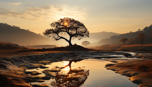 La belleza natural de la escena tranquila en la silueta de África al atardecer se refleja en el agua generada por la inteligencia artificial
