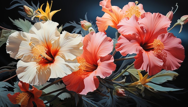Belleza natural en un vibrante ramo de hibiscos pintado con creatividad generada por inteligencia artificial