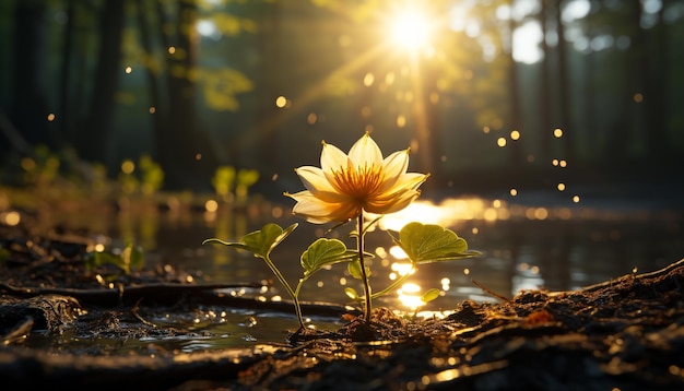 La belleza de la naturaleza en un estanque de verano deja flores amarillas generadas por la inteligencia artificial