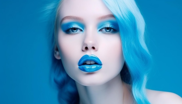 Belleza de ojos azules con elegancia de fondo azul fresco generada por IA