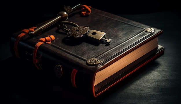 Biblia antigua de cuero sobre una mesa de madera oscura generada por IA