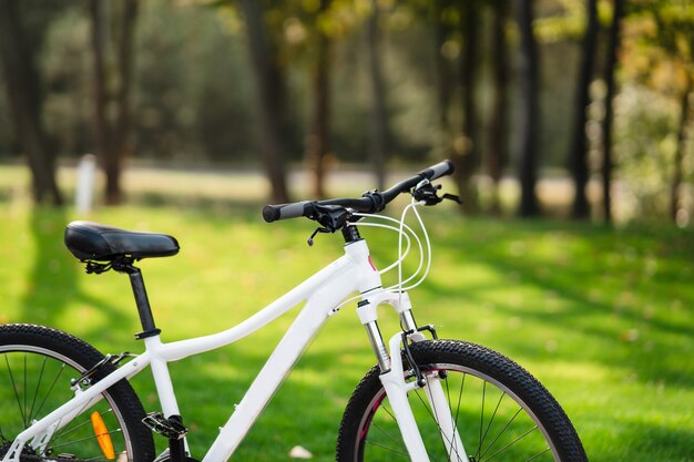 Bicicleta blanca de pie en el parque. Fitness matutino, soledad.
