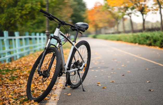 Bicicleta blanca de pie en el parque. Fitness matutino, soledad.