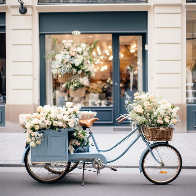 Bicicleta de cerca con flores en la canasta