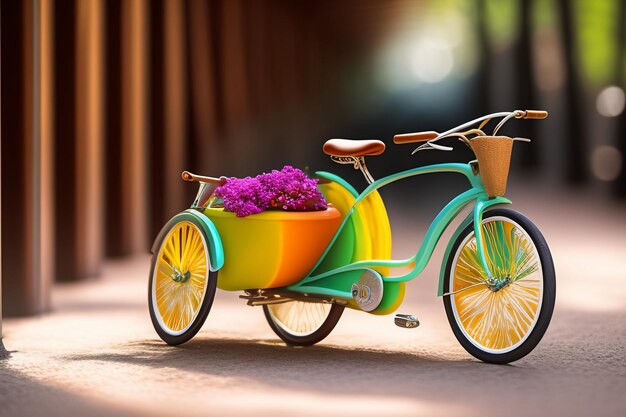 Una bicicleta colorida con una canasta de flores.