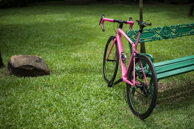 Bicicleta rosa apoyada en el banco del parque