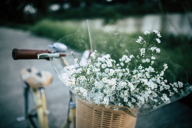 Bicicleta vintage con cesta y flores en el par