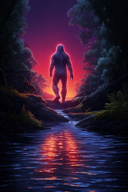 Bigfoot representado en un resplandor de neón