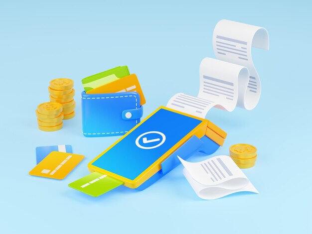 Billetera de terminal de pago 3D y recibos en papel