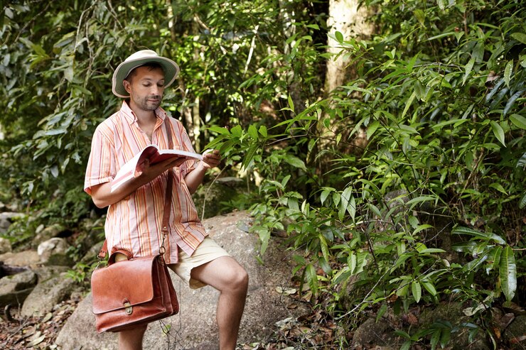 Foto gratuito biólogo o ecologista europeo de mediana edad con sombrero y maletín leyendo notas en su cuaderno durante estudios ambientales al aire libre, realizando investigaciones de plantas, explorando bosques tropicales