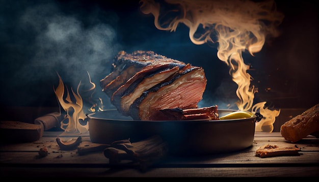 Foto gratuita bistec de cerdo a la parrilla en una mesa de picnic rústica generada por ia